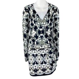 Cache black silver diamond kaleidoscope print surplice dress H19